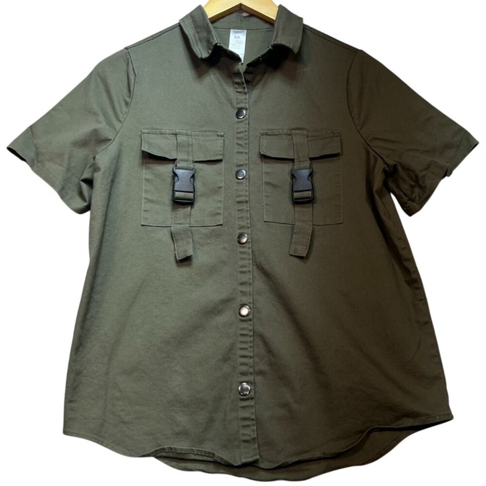 Weissman Women's Button Up Buckle Cargo Shirt Short Sleeve Size SA Olive Green